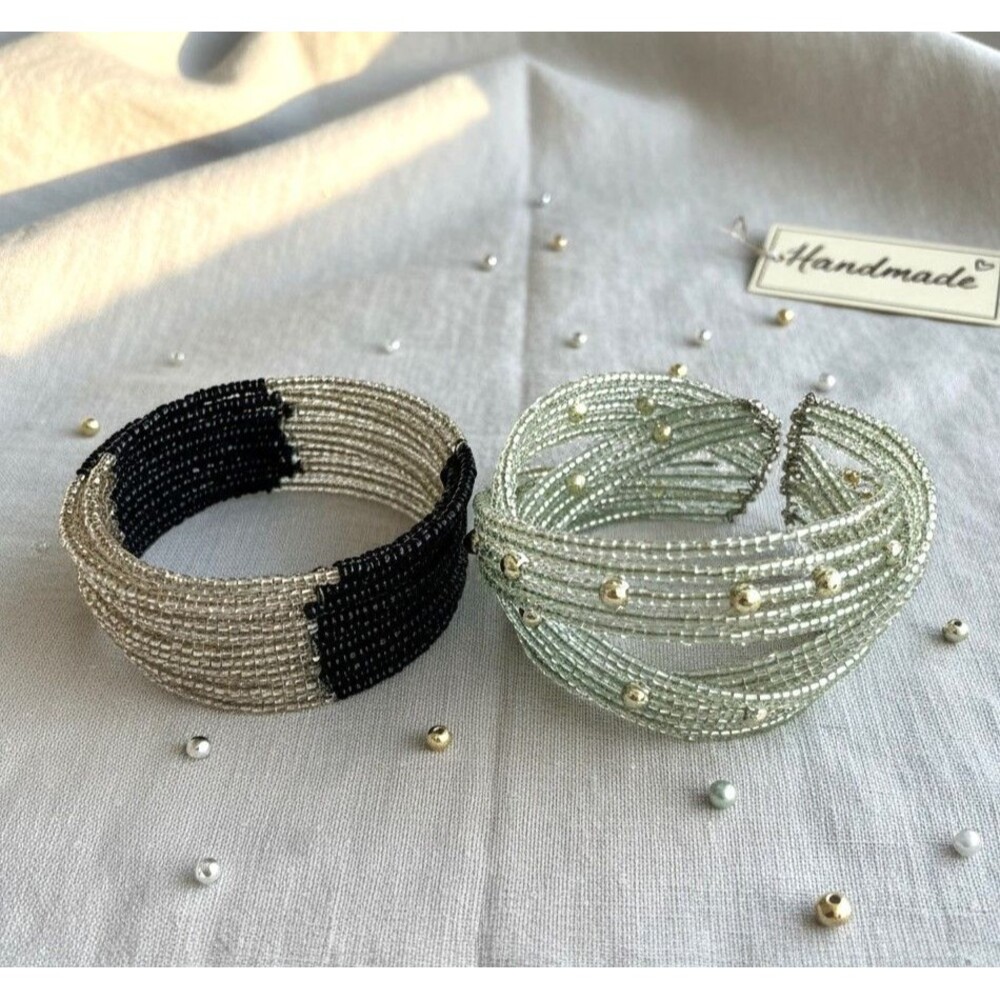 Vintage Multi Strand Seed Bead Color Block Wide Cuff & Memory Wire Bracelet Lot